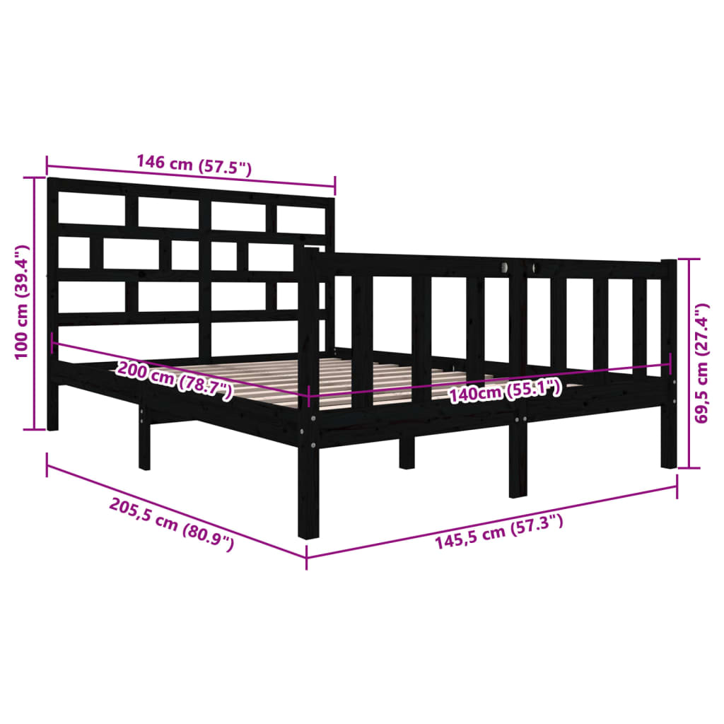 Massivholzbett Schwarz Kiefer 140x200 cm