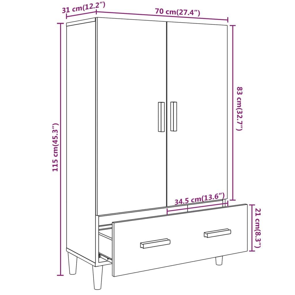 Highboard Braun Eichen-Optik 70x31x115 cm Holzwerkstoff