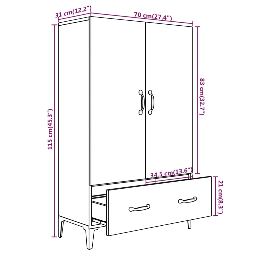 Highboard Braun Eichen-Optik 70x31x115 cm Holzwerkstoff