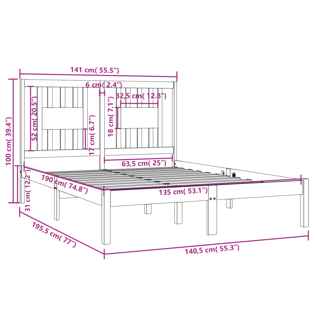 Massivholzbett Grau 135x190 cm