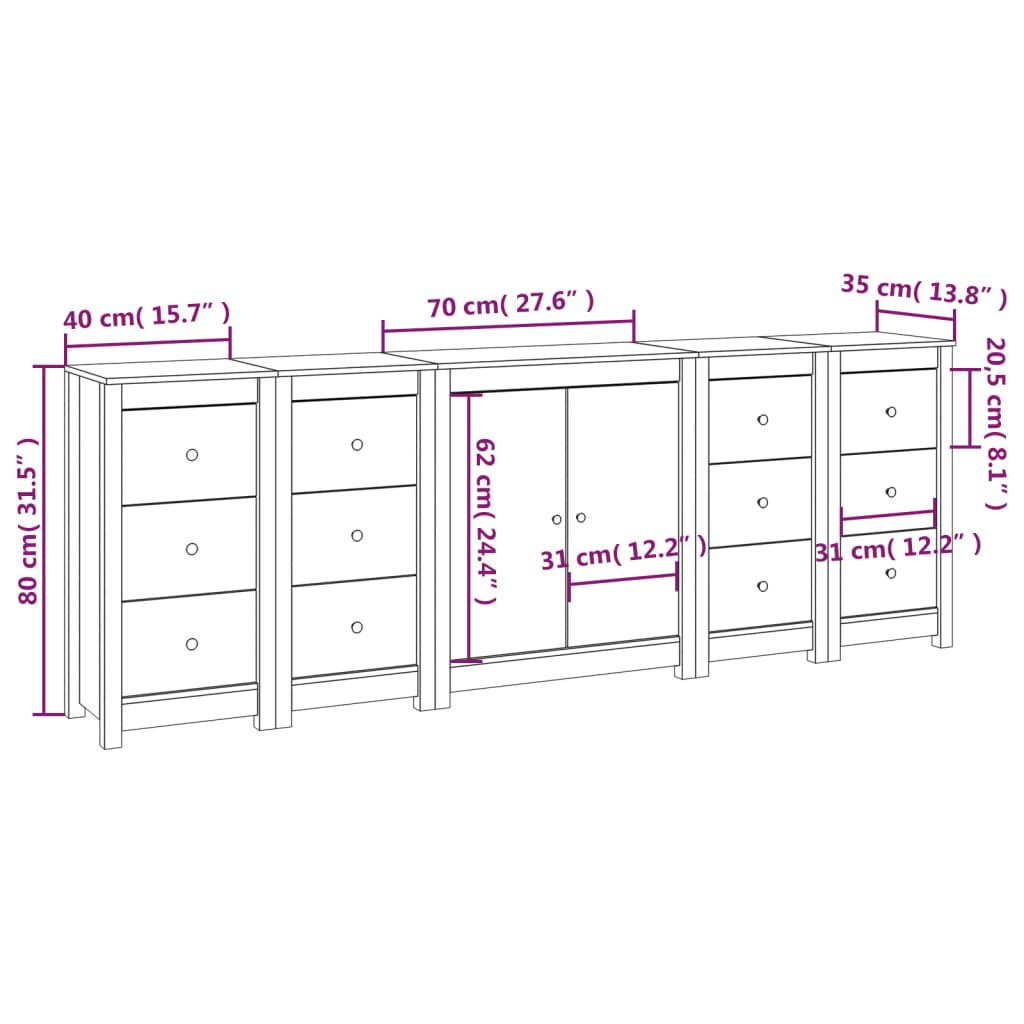 Sideboard Schwarz 230x35x80 cm Massivholz Kiefer