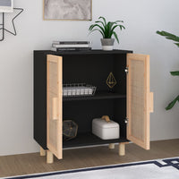 Thumbnail for Sideboard Schwarz 60x30x70cm Massivholz Kiefer und Natur-Rattan