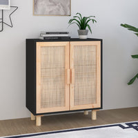 Thumbnail for Sideboard Schwarz 60x30x70cm Massivholz Kiefer und Natur-Rattan