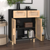 Thumbnail for Sideboard Schwarz 60x30x75cm Massivholz Kiefer und Natur-Rattan