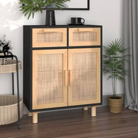 Thumbnail for Sideboard Schwarz 60x30x75cm Massivholz Kiefer und Natur-Rattan