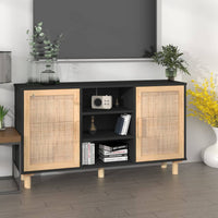 Thumbnail for Sideboard Schwarz 105x30x60 cm Massivholz Kiefer Natur-Rattan