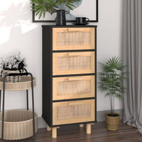 Thumbnail for Sideboard Schwarz 40x30x90cm Massivholz Kiefer und Natur-Rattan