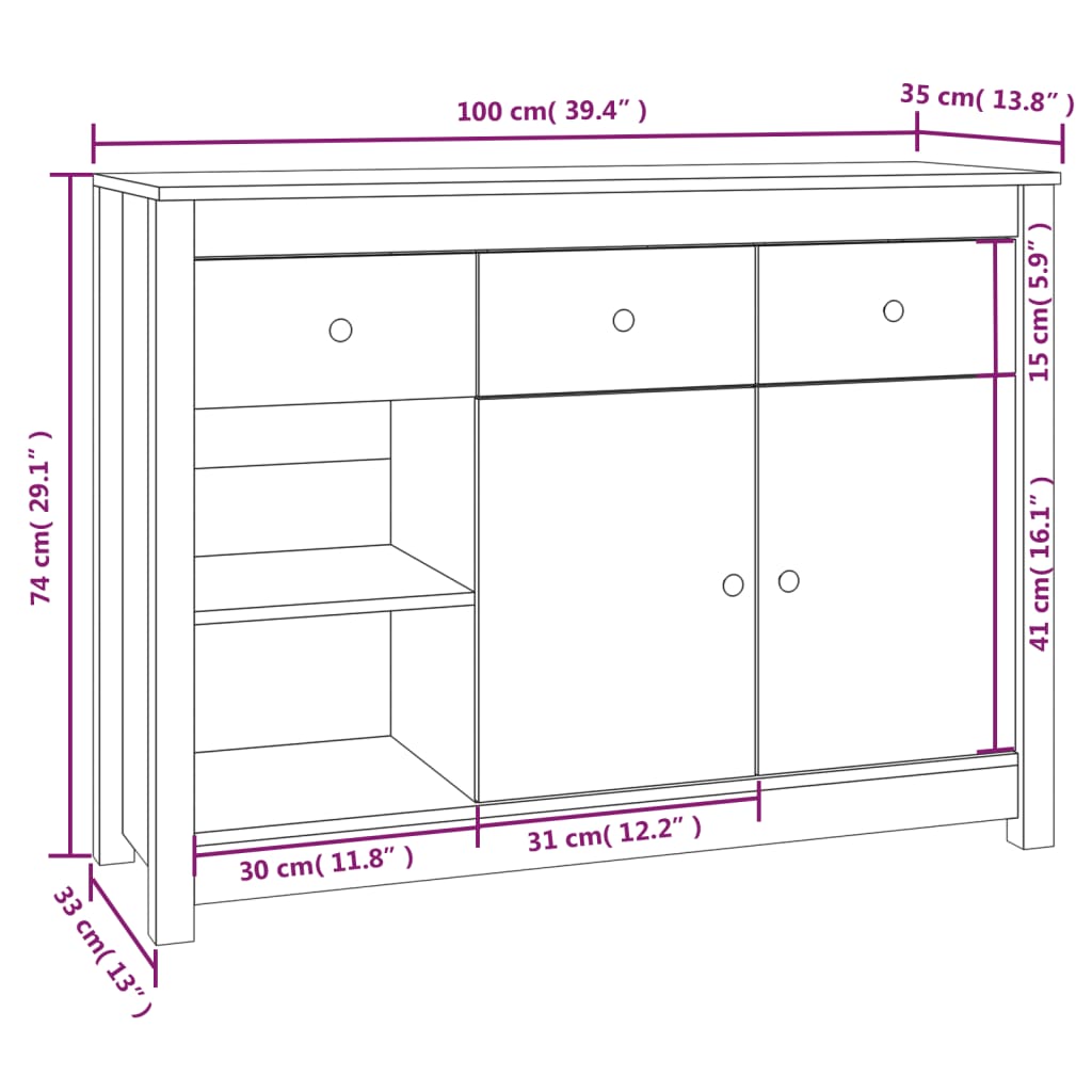 Sideboard Grau 100x35x74 cm Massivholz Kiefer