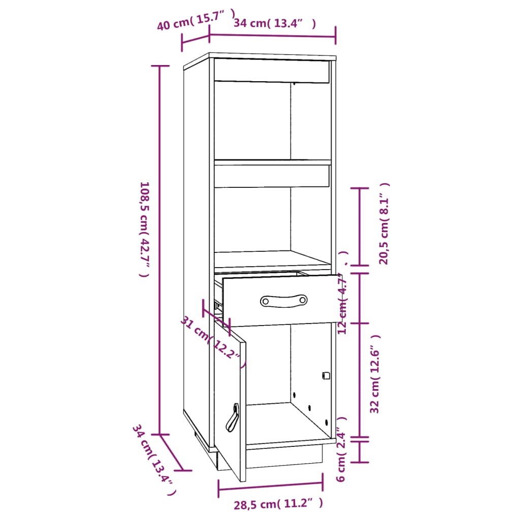 Highboard Schwarz 34x40x108,5 cm Massivholz Kiefer