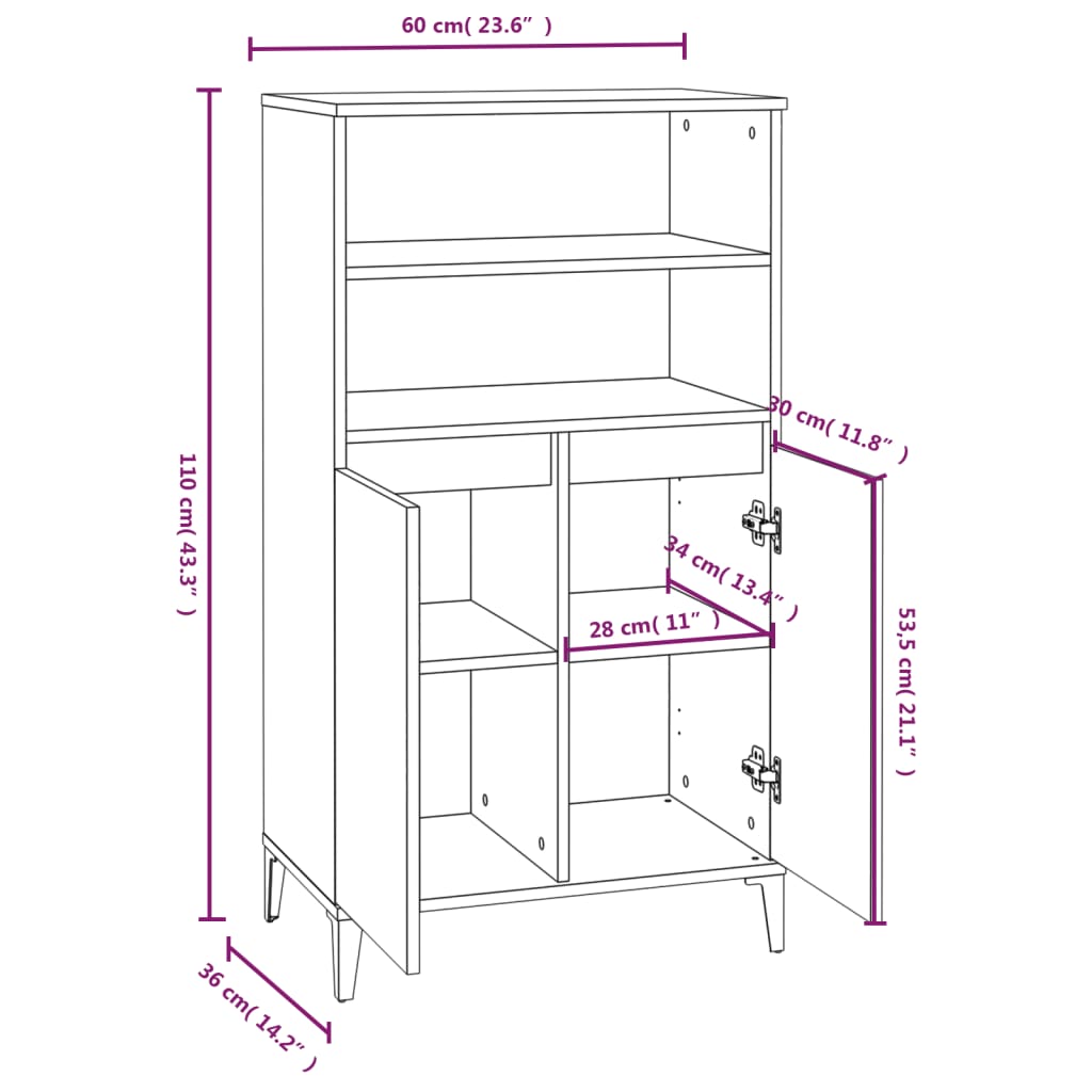Highboard Braun Eichen-Optik 60x36x110 cm Holzwerkstoff