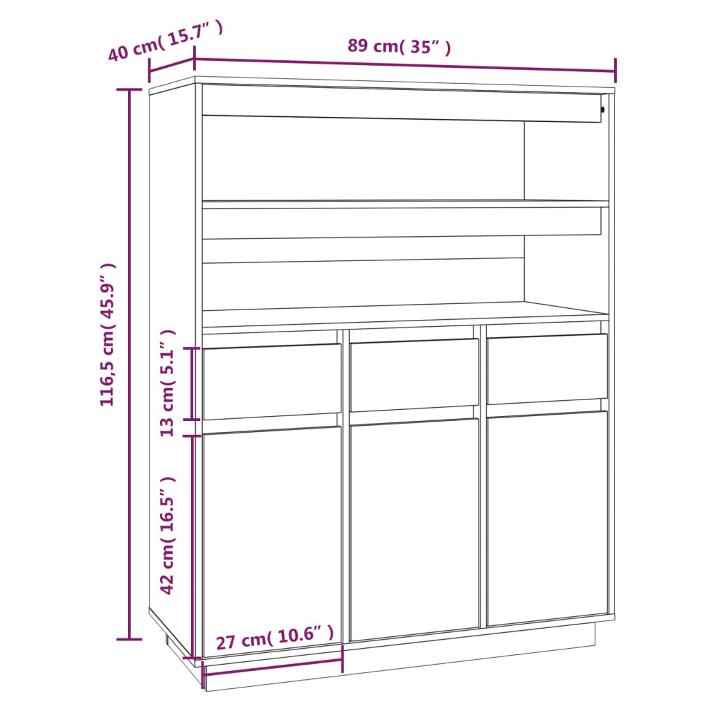 Highboard Schwarz 89x40x116,5 cm Massivholz Kiefer