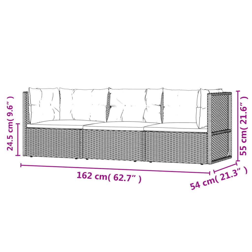 3-tlg. Garten-Lounge-Set mit Kissen Schwarz Poly Rattan