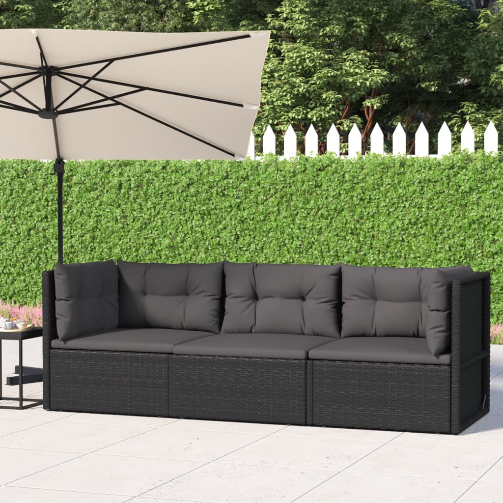 3-tlg. Garten-Lounge-Set mit Kissen Schwarz Poly Rattan