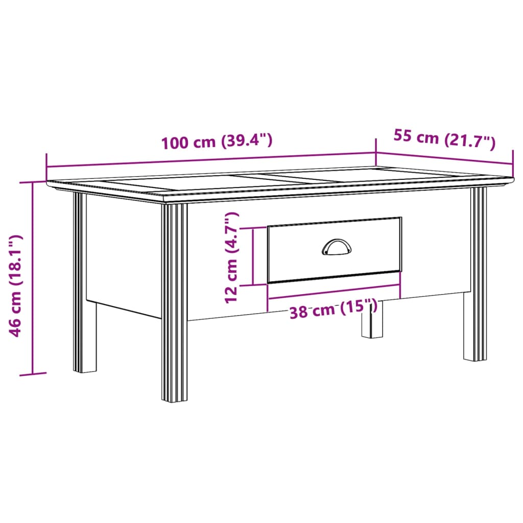 Couchtisch BODO Weiß und Braun 100x55x46 cm Massivholz Kiefer