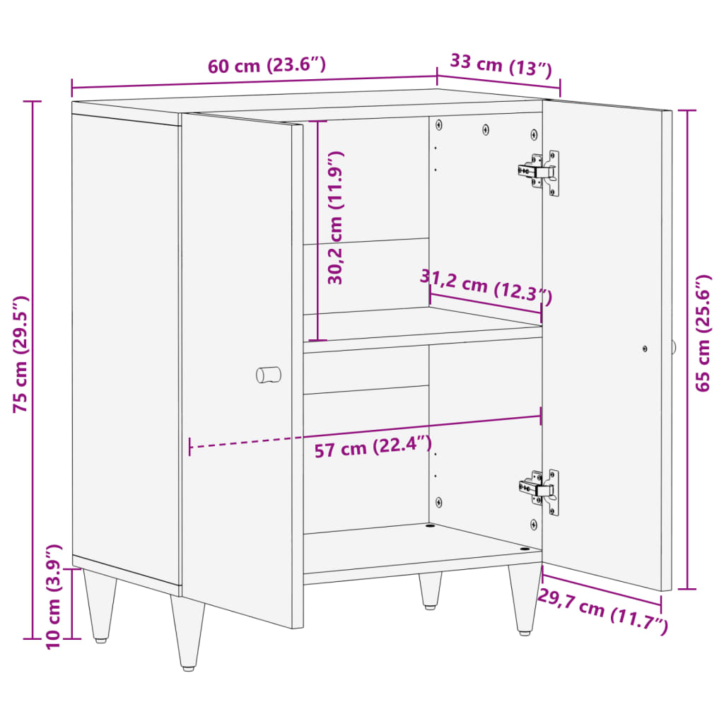 Beistellschrank 60x33x75 cm Massivholz Mango
