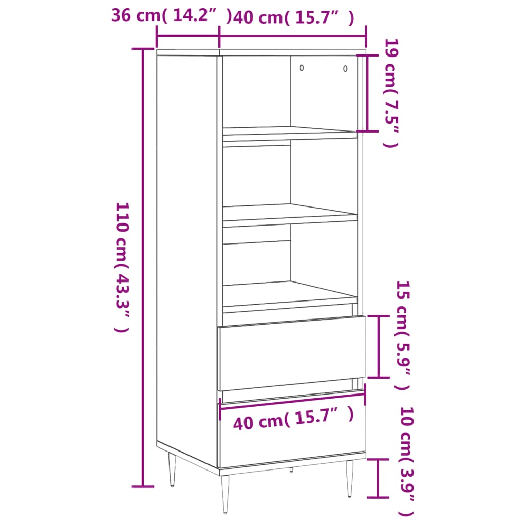 Highboard Braun Eichen-Optik 40x36x110 cm Holzwerkstoff