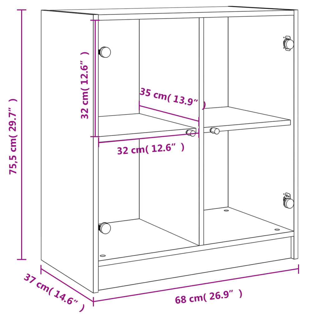Beistellschrank mit Glastüren Braun Eichen-Optik 68x37x75,5 cm