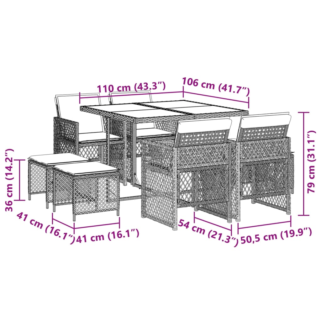 9-tlg. Garten-Essgruppe mit Kissen Schwarz Poly Rattan