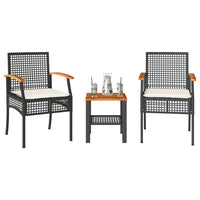 Thumbnail for 3-tlg. Bistro-Set mit Kissen Schwarz Poly Rattan Akazienholz