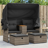 Thumbnail for Gartensofa 2-Sitzer mit Dach und Hockern Grau Poly Rattan