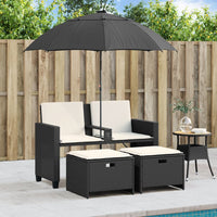 Thumbnail for Gartensofa 2-Sitzer Sonnenschirm und Hocker Schwarz Poly-Rattan