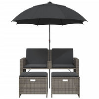 Thumbnail for Gartensofa 2-Sitzer Sonnenschirm und Hocker Grau Poly Rattan