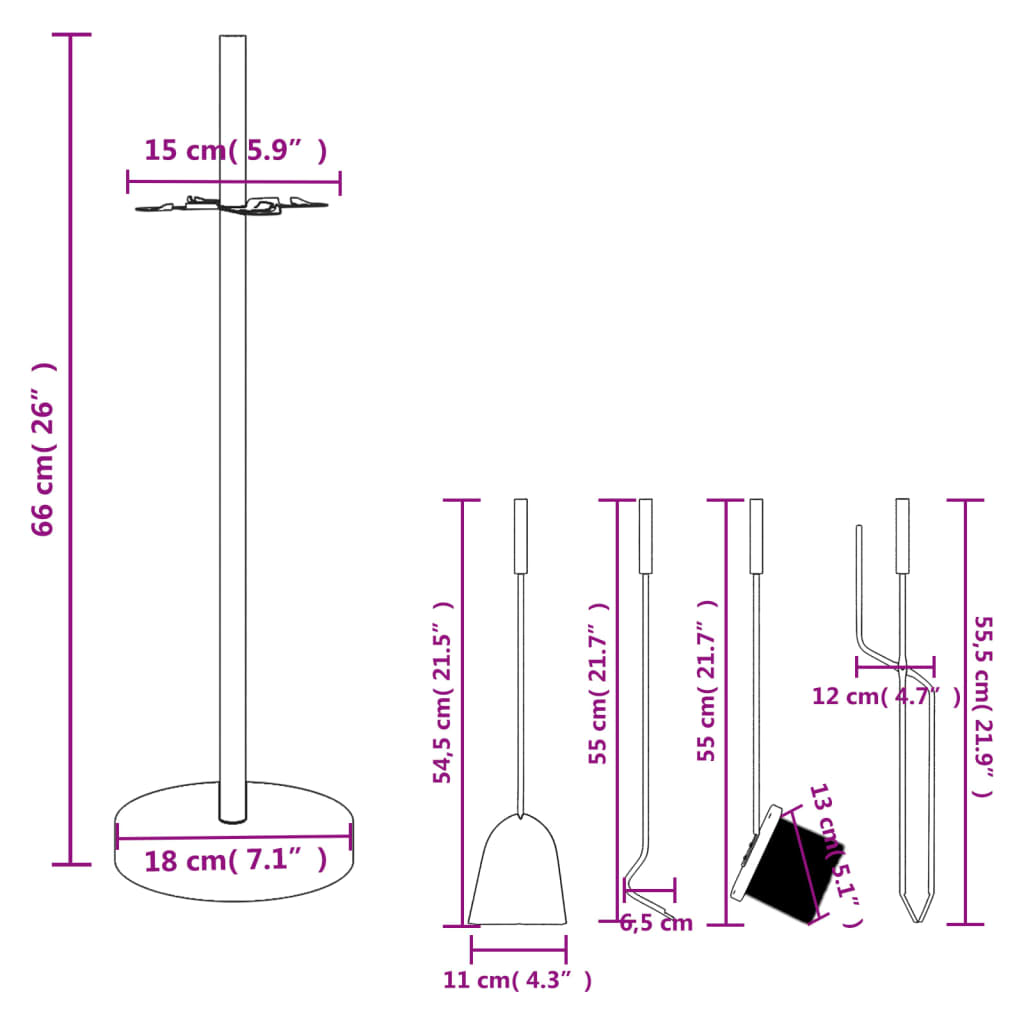 5-tlg. Kaminwerkzeug-Set 18x66 cm Stahl