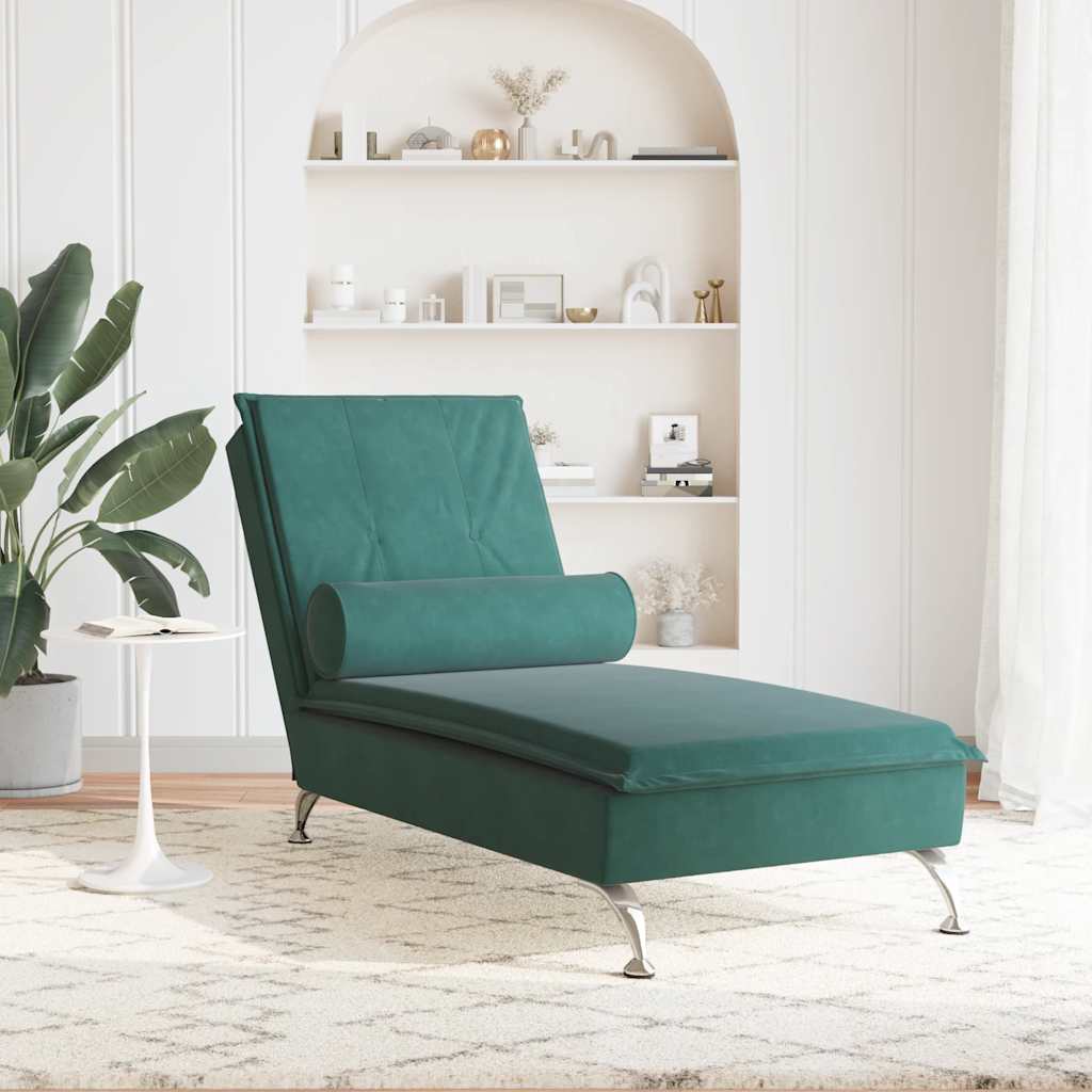 Massage-Chaiselongue mit Nackenrolle Dunkelgrün Samt