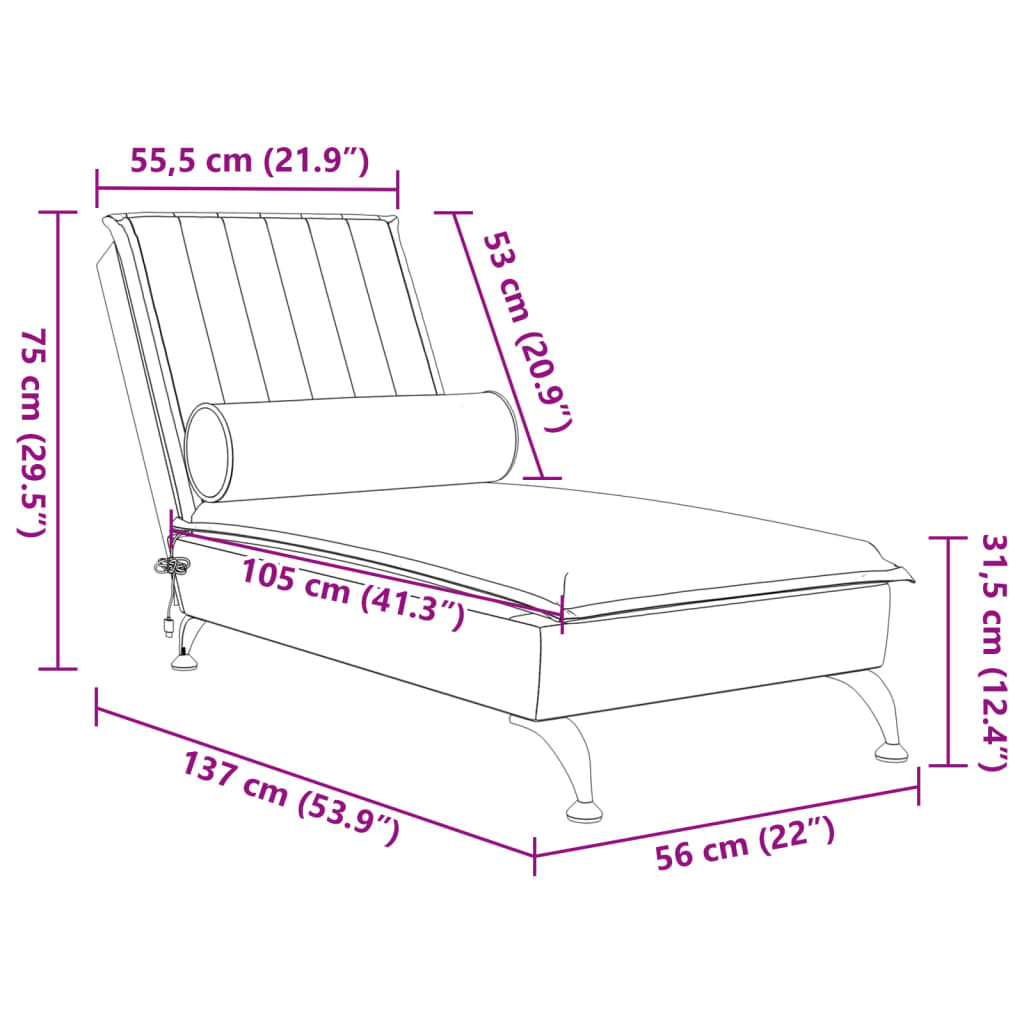 Massage-Chaiselongue mit Nackenrolle Creme Samt