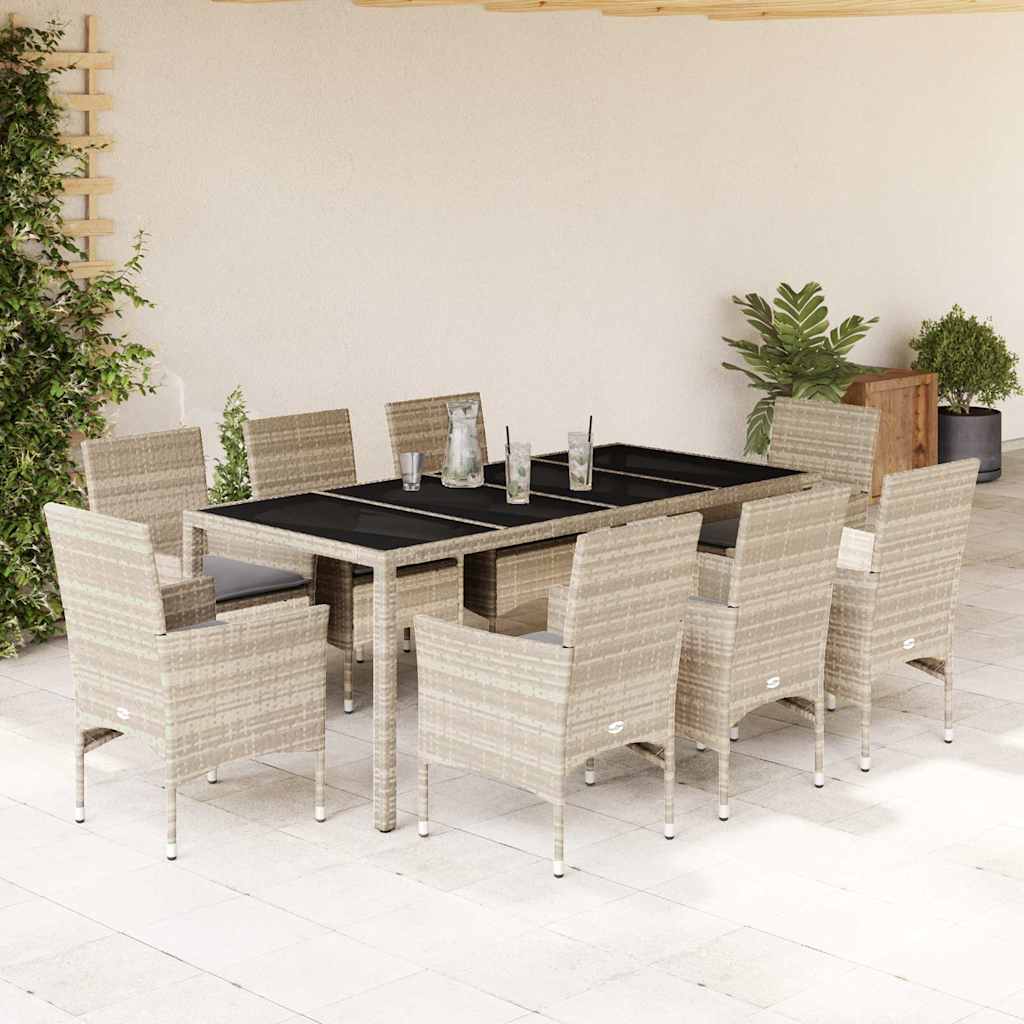 9-tlg. Garten-Essgruppe mit Kissen Hellgrau Poly Rattan & Glas
