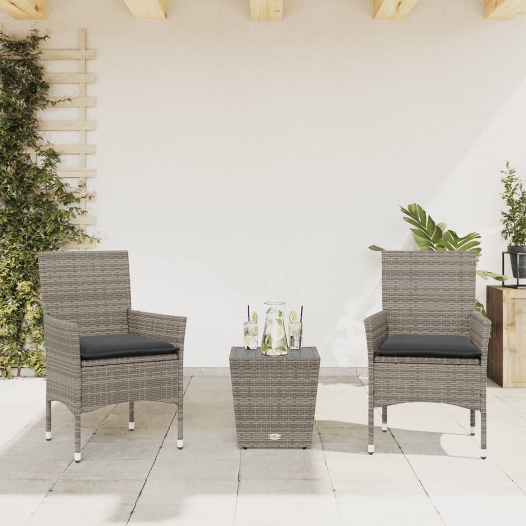 3-tlg. Bistro-Set mit Kissen Grau Poly Rattan und Glas