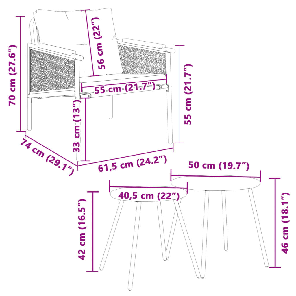 4-tlg. Balkonmöbel Set mit Kissen Schwarz Stahl