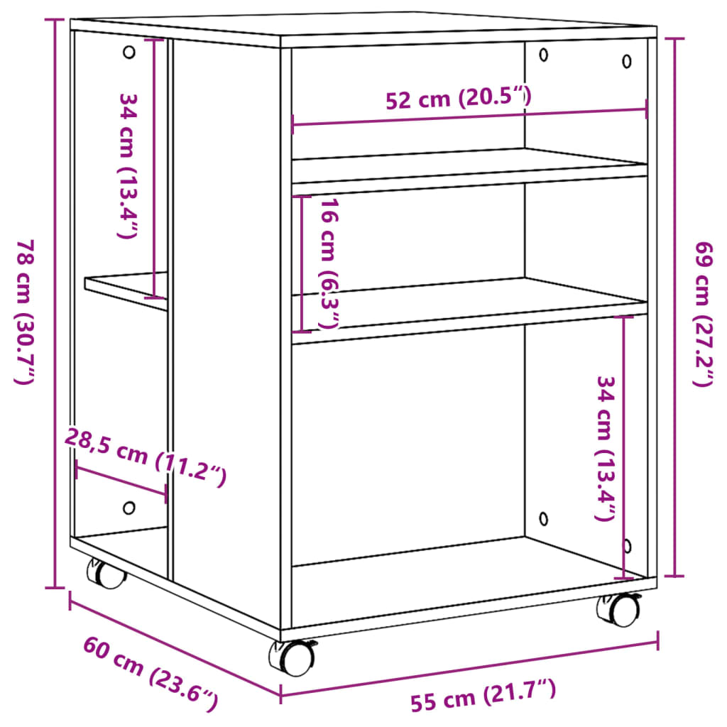 Beistelltisch mit Rollen Räuchereiche 55x60x78 cm Holzwerkstoff