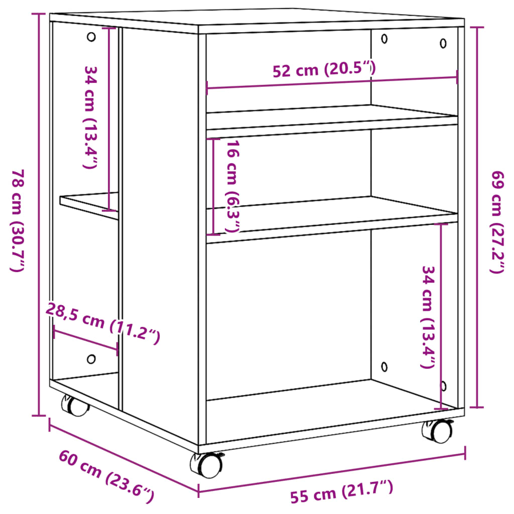 Beistelltisch mit Rollen Braun Eiche 55x60x78 cm Holzwerkstoff