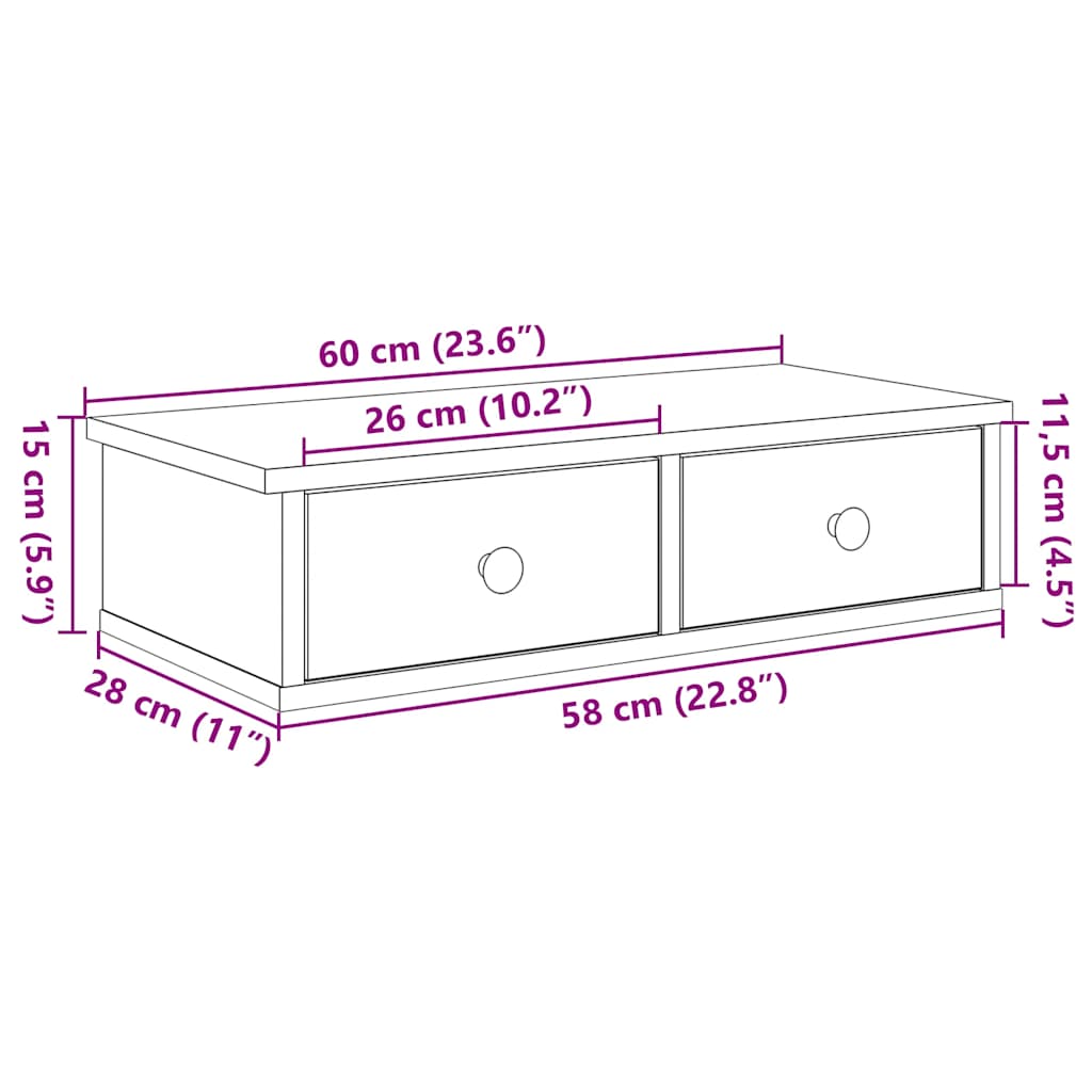 Wandregal mit Schubladen Braun Eiche 60x25x15 cm Holzwerkstoff