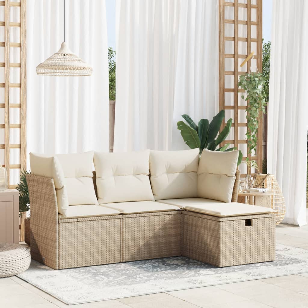 4-tlg. Garten-Sofagarnitur mit Kissen Beige Poly Rattan