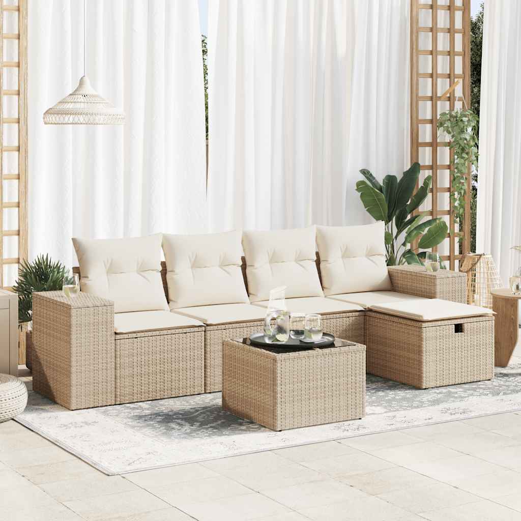6-tlg. Garten-Sofagarnitur mit Kissen Beige Poly Rattan