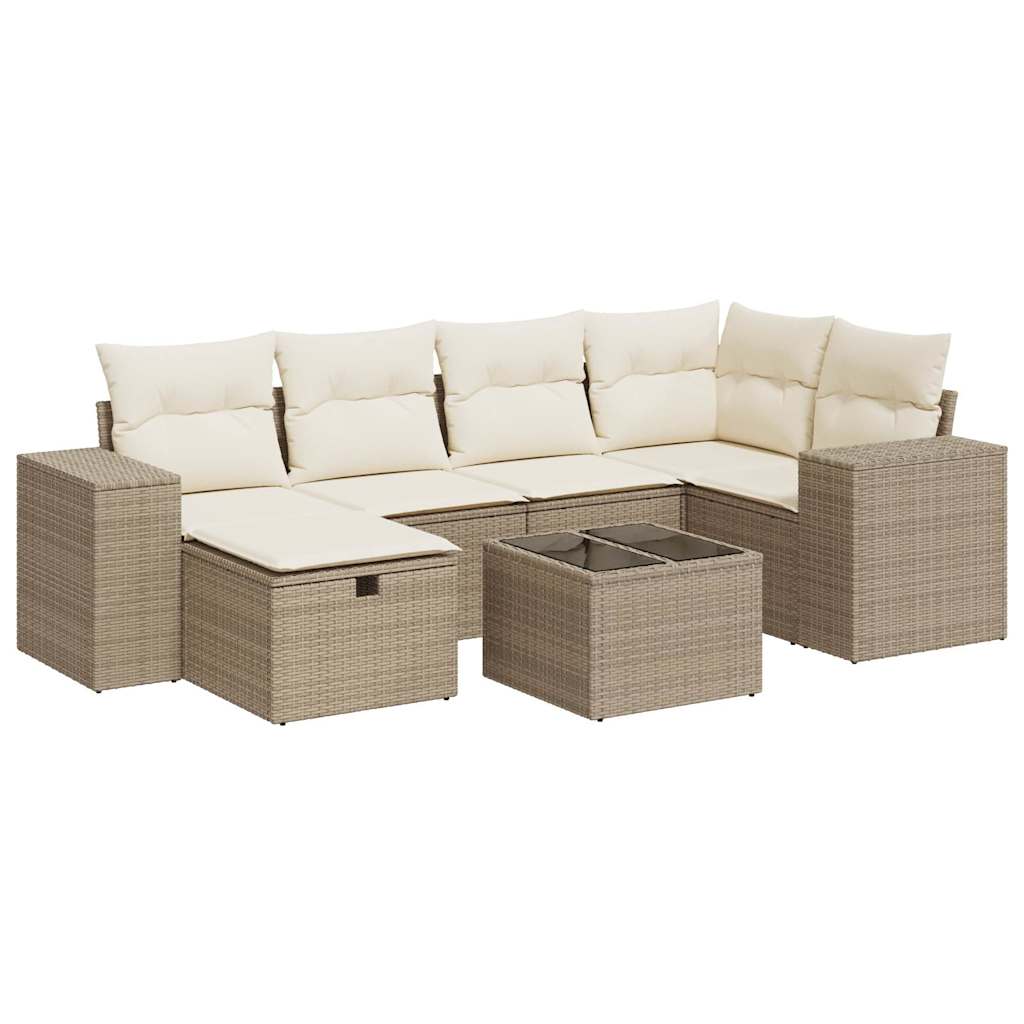 7-tlg. Garten-Sofagarnitur mit Kissen Beige Poly Rattan