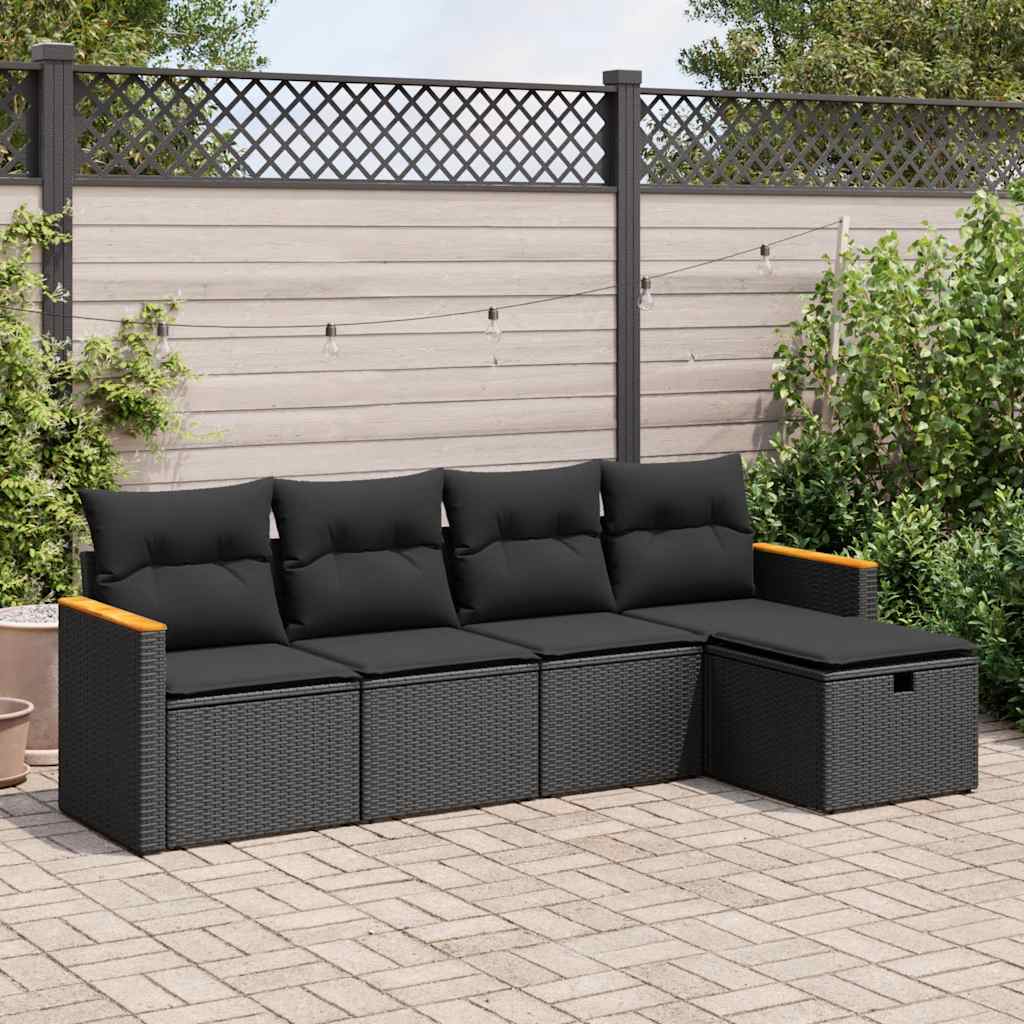 5-tlg. Garten-Sofagarnitur mit Kissen Schwarz Poly Rattan