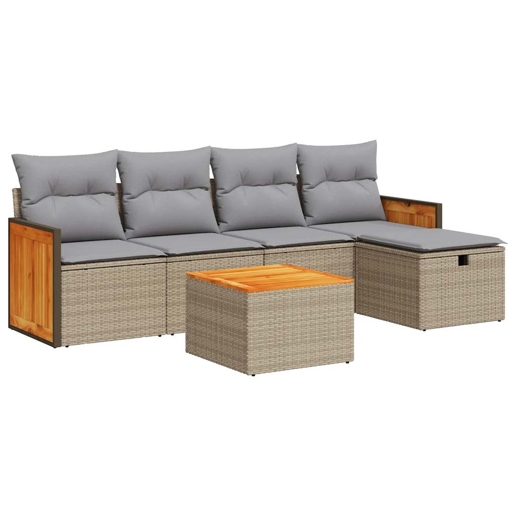 6-tlg. Garten-Sofagarnitur mit Kissen Beige Poly Rattan