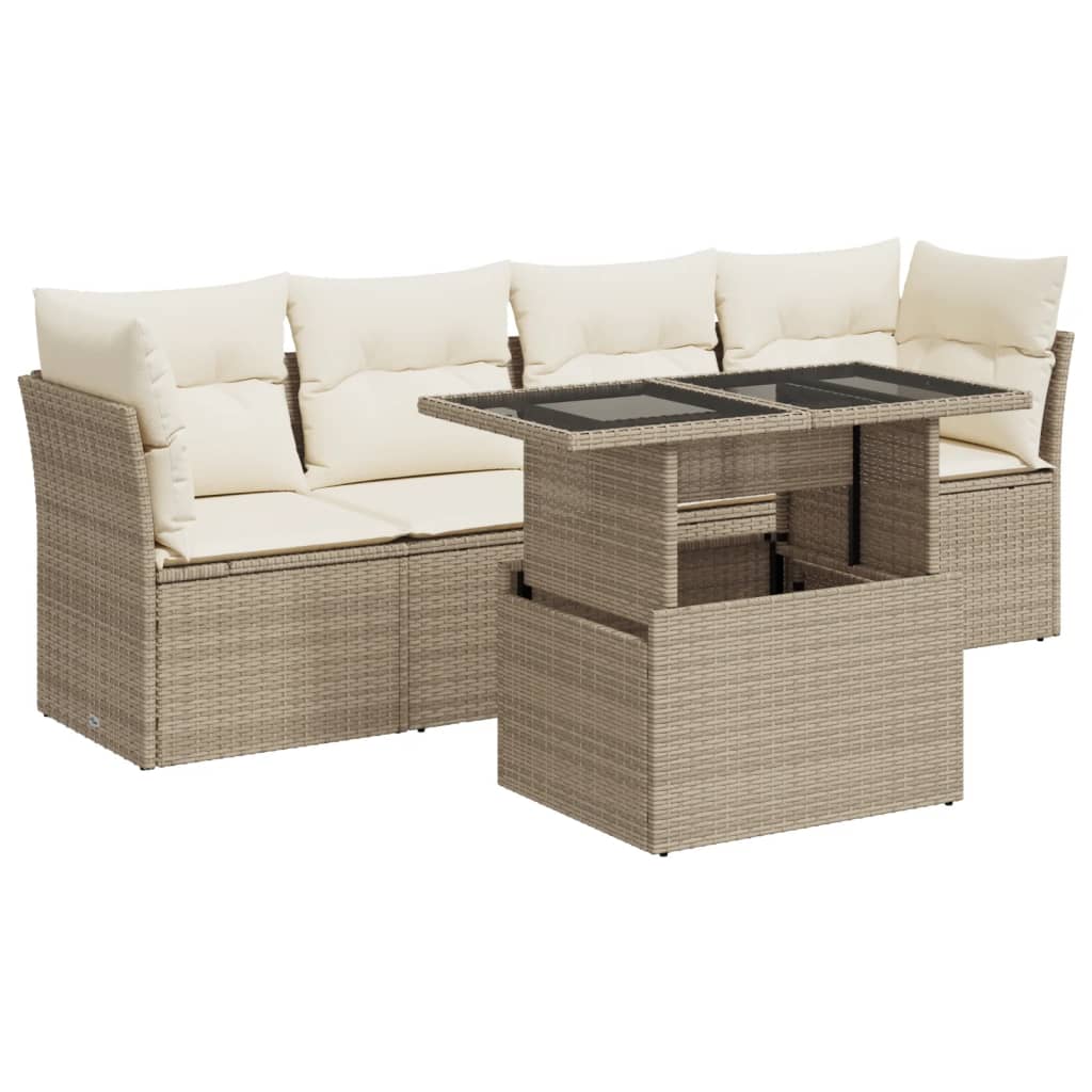 5-tlg. Garten-Sofagarnitur mit Kissen Beige Poly Rattan