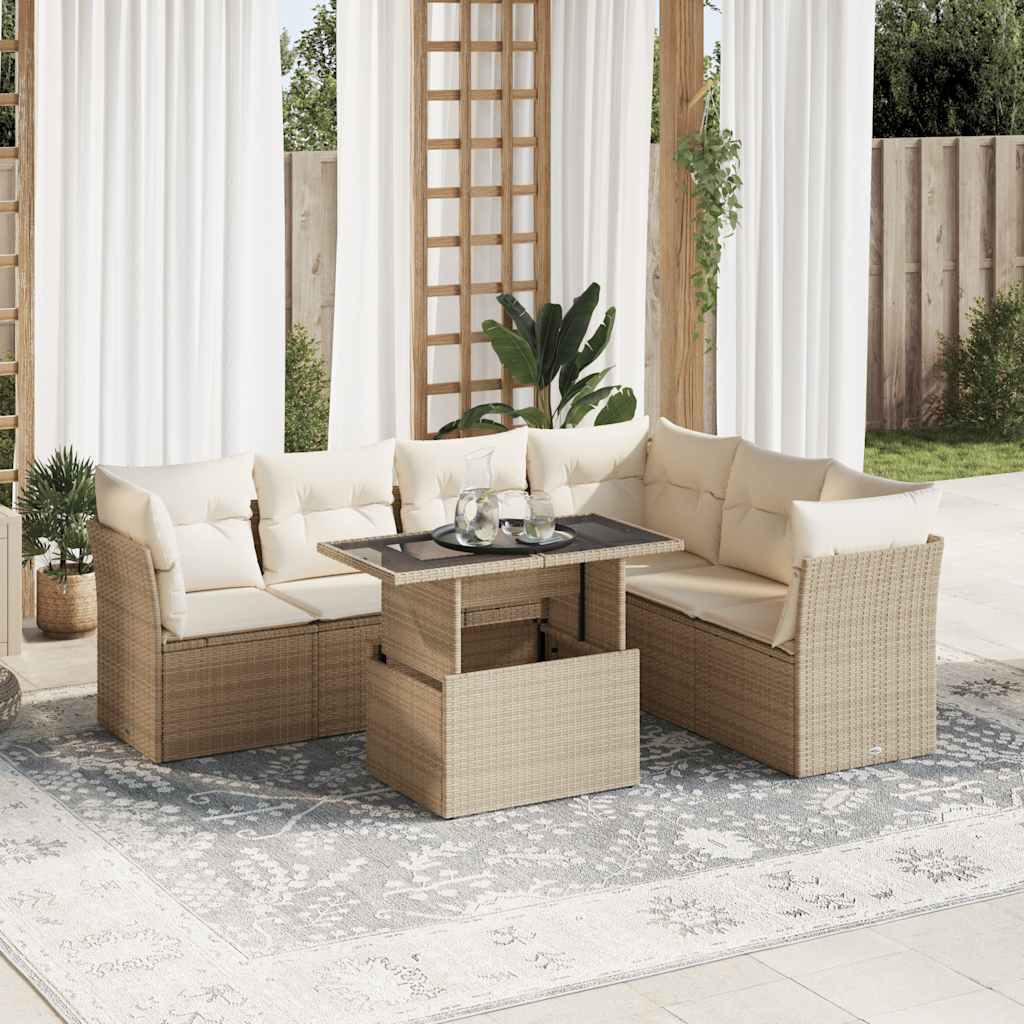7-tlg. Garten-Sofagarnitur mit Kissen Beige Poly Rattan