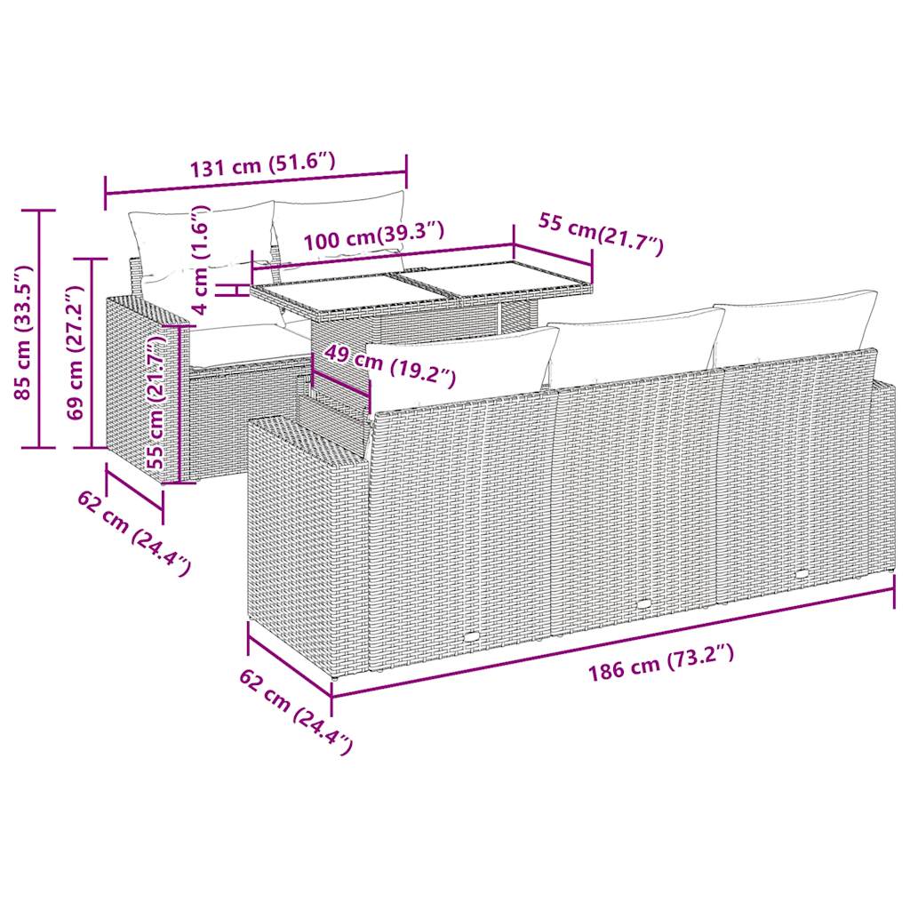 6-tlg. Garten-Sofagarnitur mit Kissen Schwarz Poly Rattan