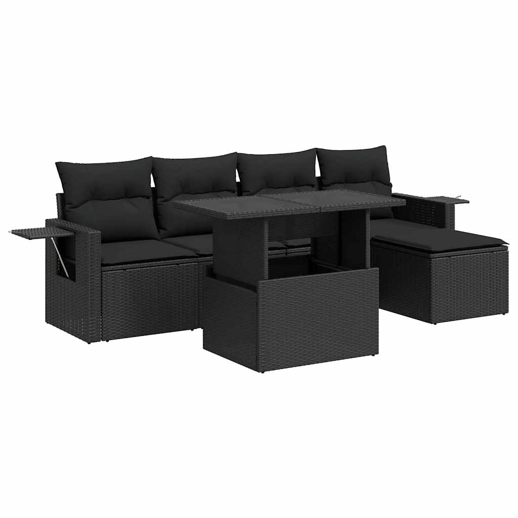 6-tlg. Garten-Sofagarnitur mit Kissen Schwarz Poly Rattan