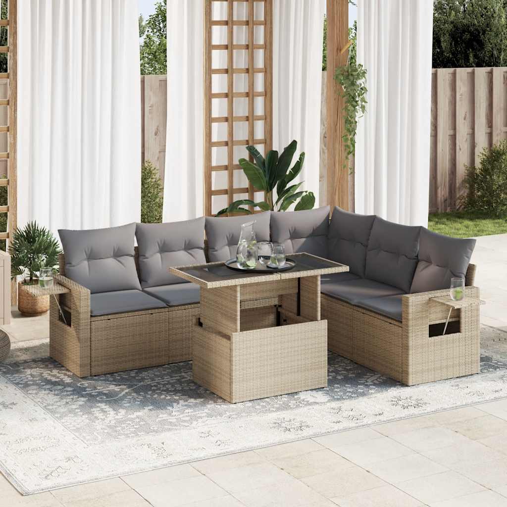7-tlg. Garten-Sofagarnitur mit Kissen Beige Poly Rattan