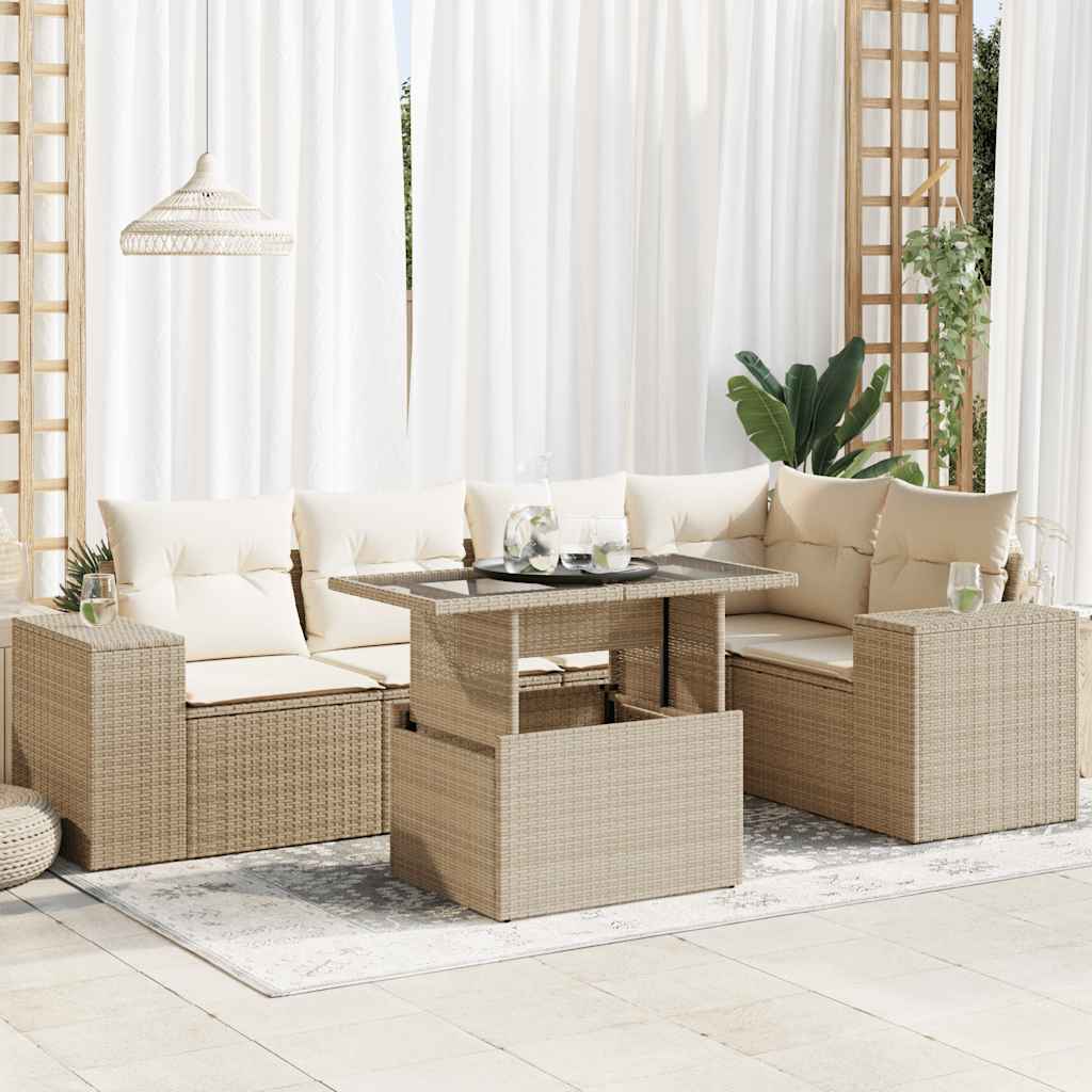 6-tlg. Garten-Sofagarnitur mit Kissen Beige Poly Rattan