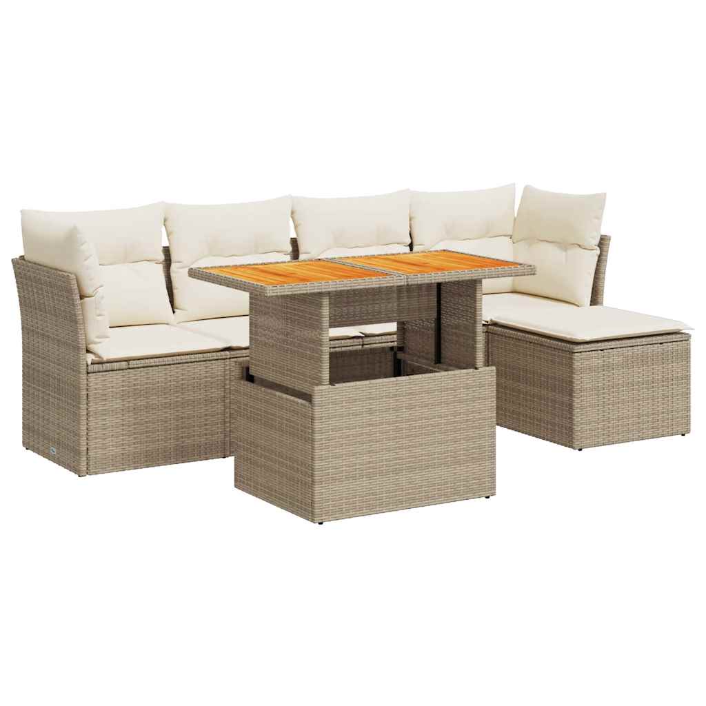 6-tlg. Garten-Sofagarnitur mit Kissen Beige Poly Rattan