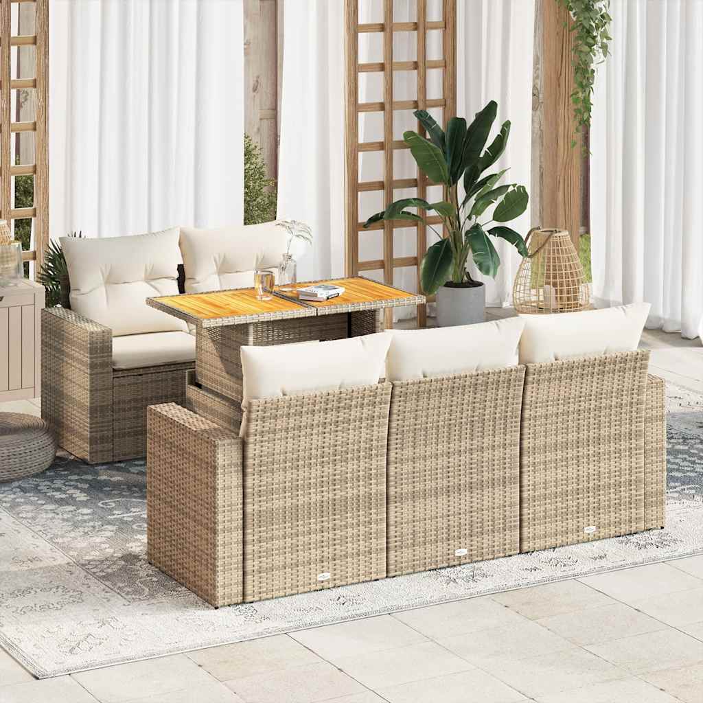 6-tlg. Garten-Sofagarnitur mit Kissen Beige Poly Rattan