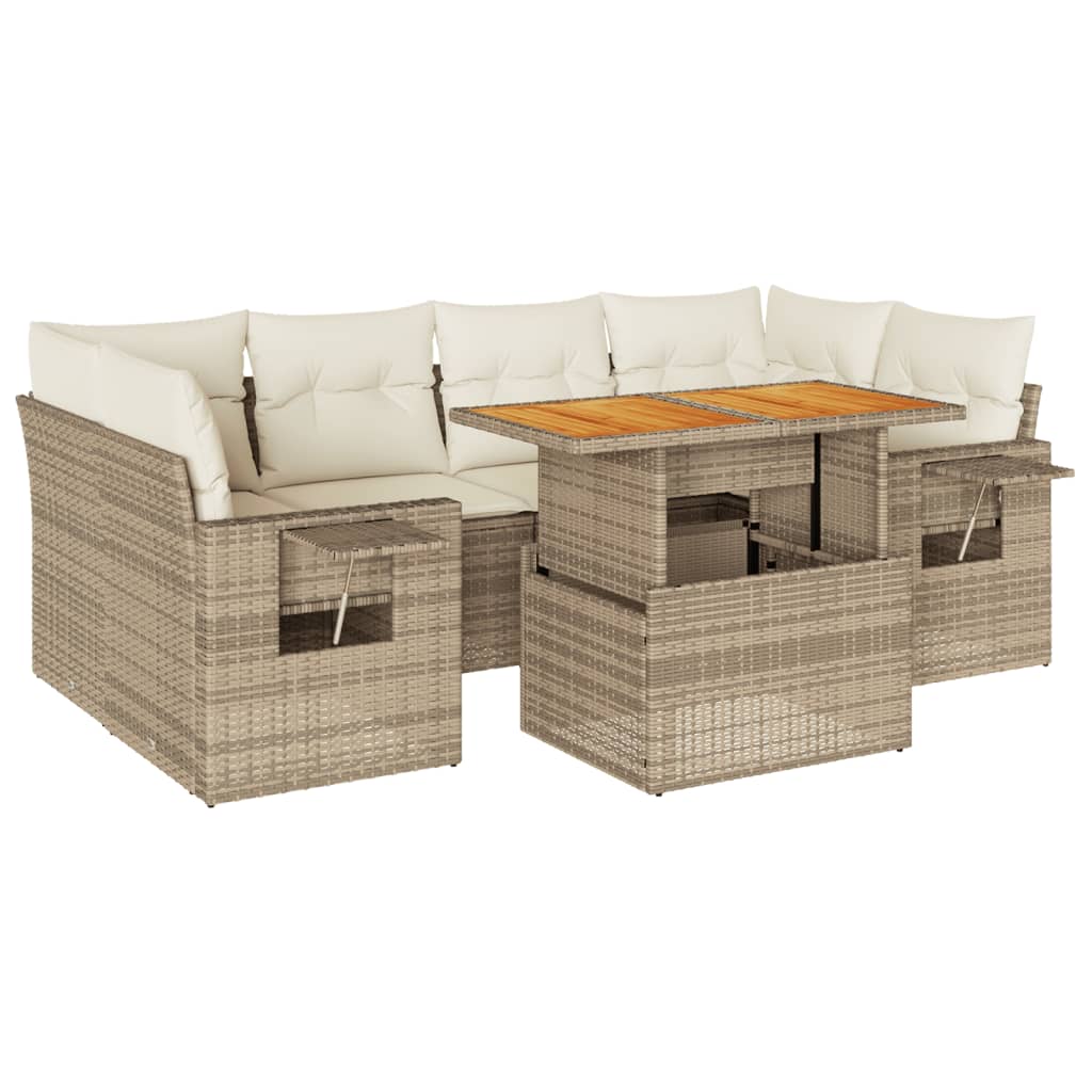 7-tlg. Garten-Sofagarnitur mit Kissen Beige Poly Rattan