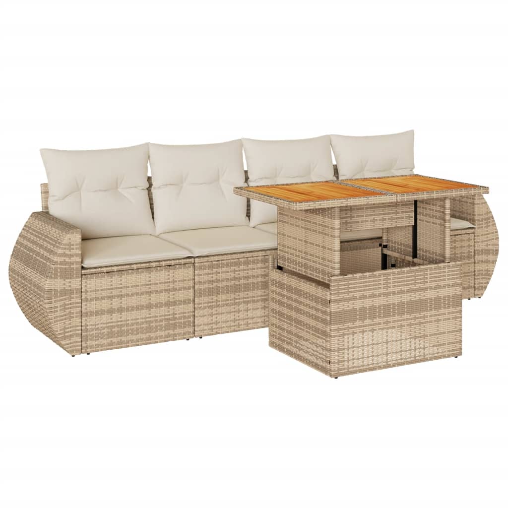 5-tlg. Garten-Sofagarnitur mit Kissen Beige Poly Rattan